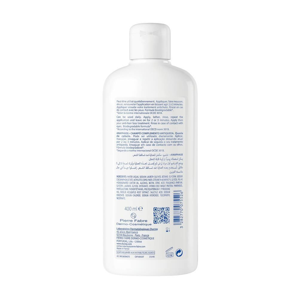 Rückseite einer weißen Shampoo-Flasche. Text: Anwendungshinweise, Inhaltsstoffe, 400 ml, QR-Code, Pierre Fabre.