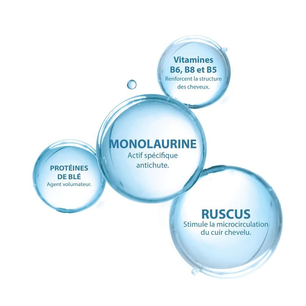 Blaue Kreise mit Text: Monolaurin, Proteine, Ruscus, Vitamine B6, B8, B5. Wirkt gegen Haarausfall.