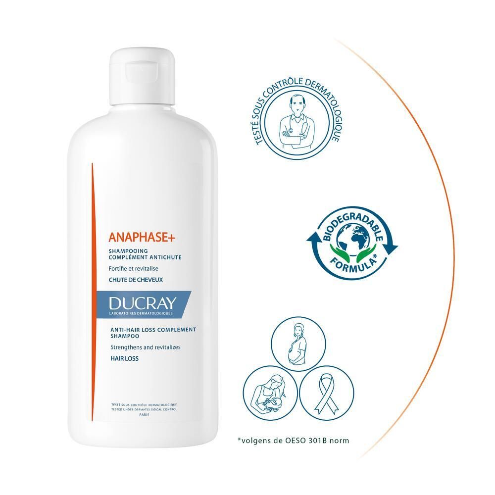 Weiße Shampoo-Flasche mit Aufschrift: ANAPHASE+, DUCRAY, gegen Haarausfall. Dermatologisch getestet, biologisch abbaubar.
