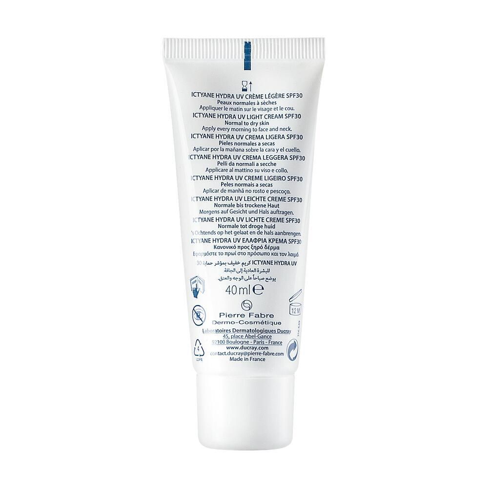 Rückseite einer weißen Tube. Text in mehreren Sprachen. Enthält Ictyane Hydra UV Crème Légère SPF30. 40ml.