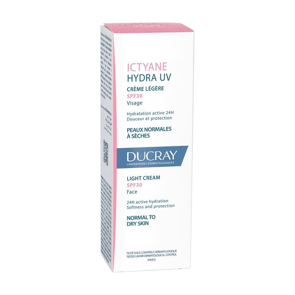 Kartonverpackung mit Ictyane Hydra UV Crème Légère SPF30. Rosa und blaue Beschriftung. Marke Ducray.