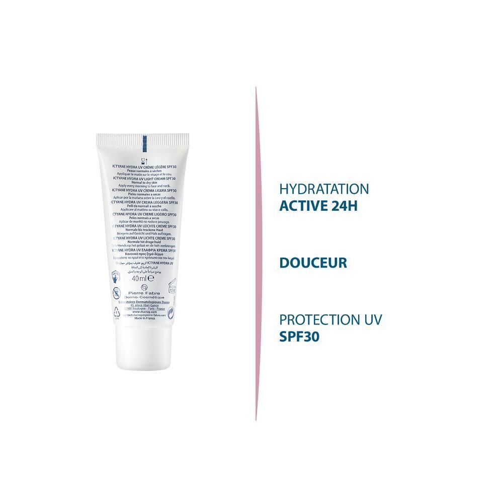 Weißer Hintergrund mit Text. Hydratation active 24H, Douceur, Protection UV SPF30. Rosa und blaue Schrift.