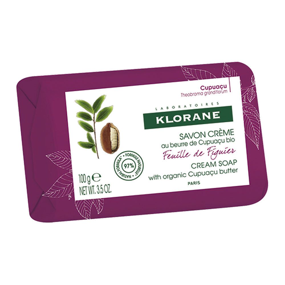 Seife in lila Verpackung. Aufdruck: KLORANE, Savon Crème, Feigenblatt. 100g, 97% natürliche Formel.