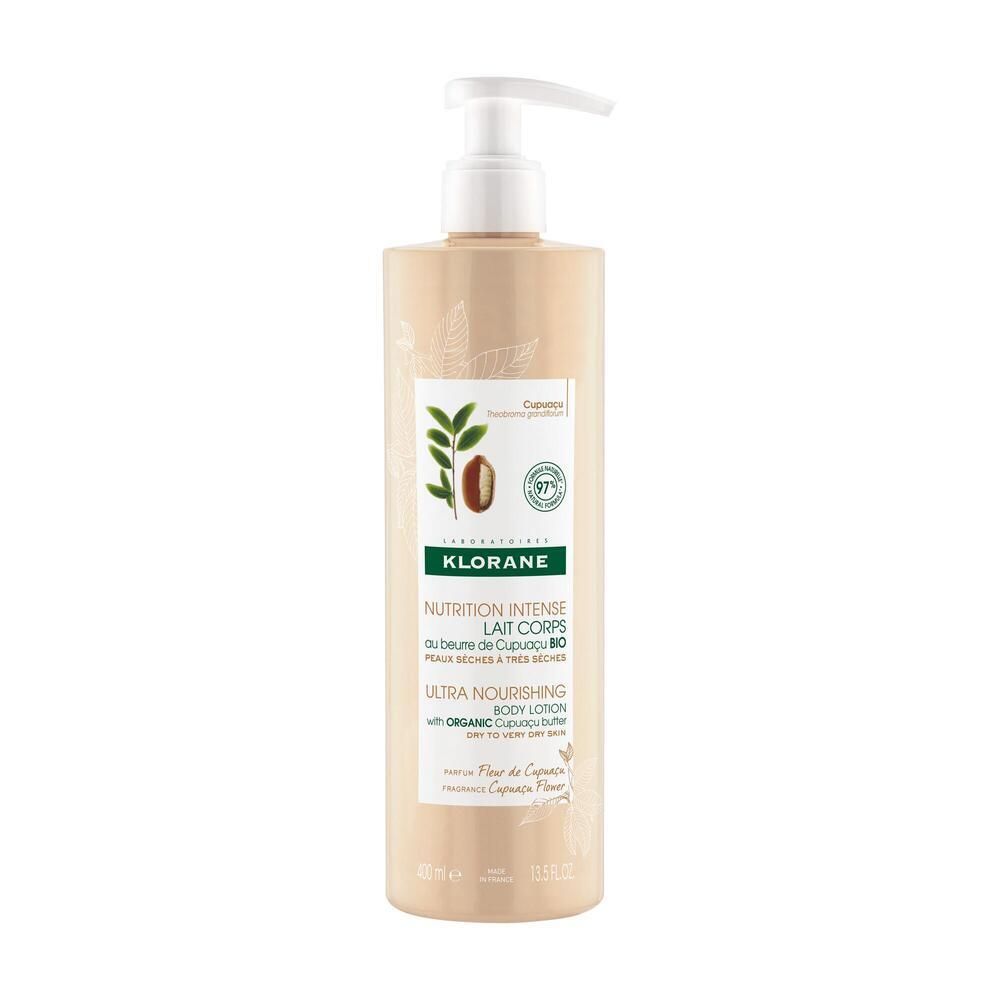 Lait corps KLORANE au beurre de Cupuaçu BIO. Flacon beige avec pompe. Inscription: Nutrition Intense Lait Corps.