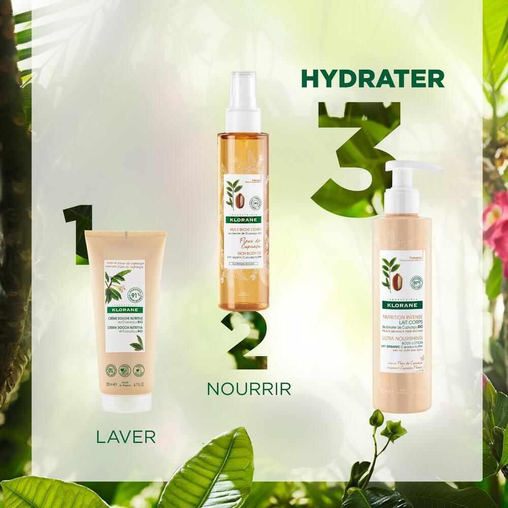 Trois produits KLORANE: lait, spray et crème. Inscriptions: Lait, Nourrir, Hydrater. Fond: plantes.