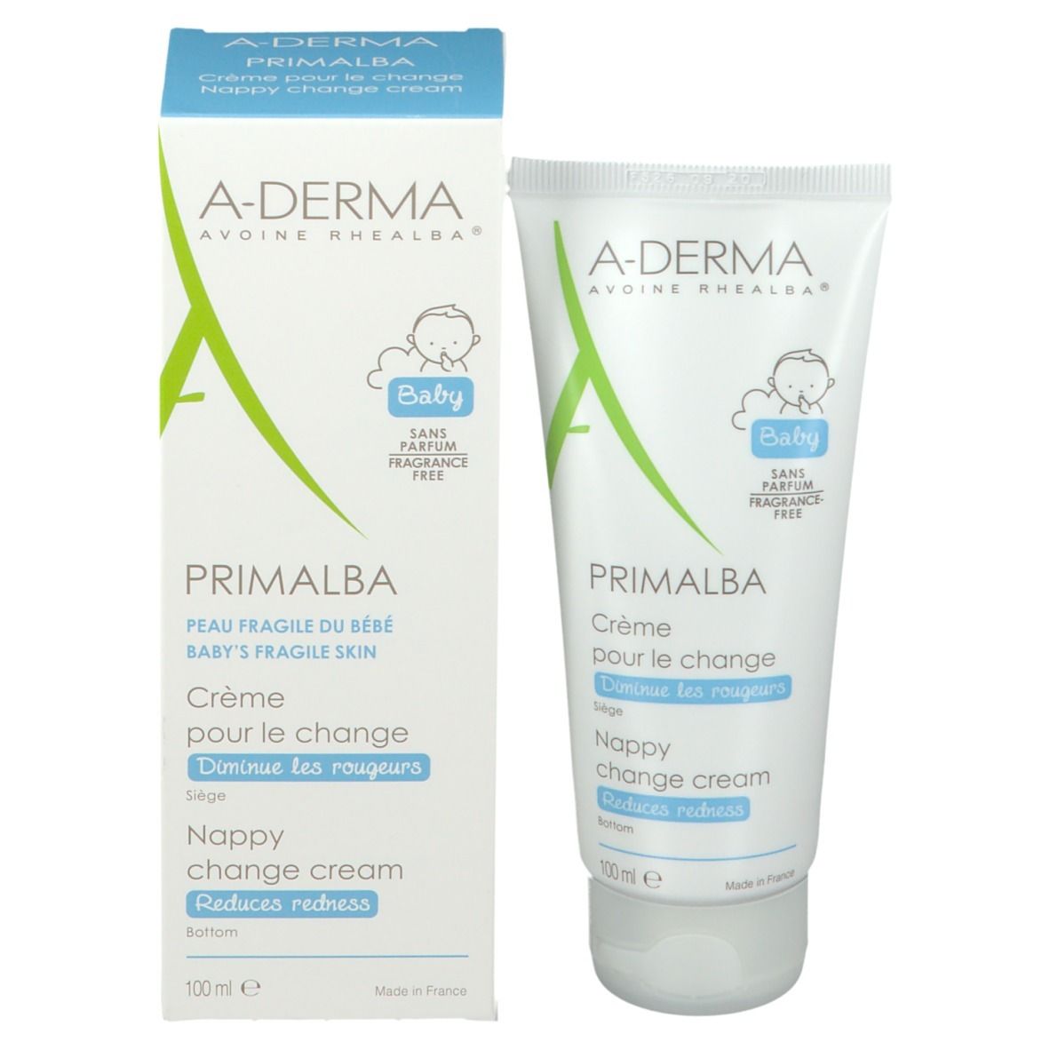 A-Derma Primalba Baby crème et emballage. Tube de crème et boîte. Les deux blancs avec des accents verts et bleus. Contient du texte : Baby, crème pour le change.