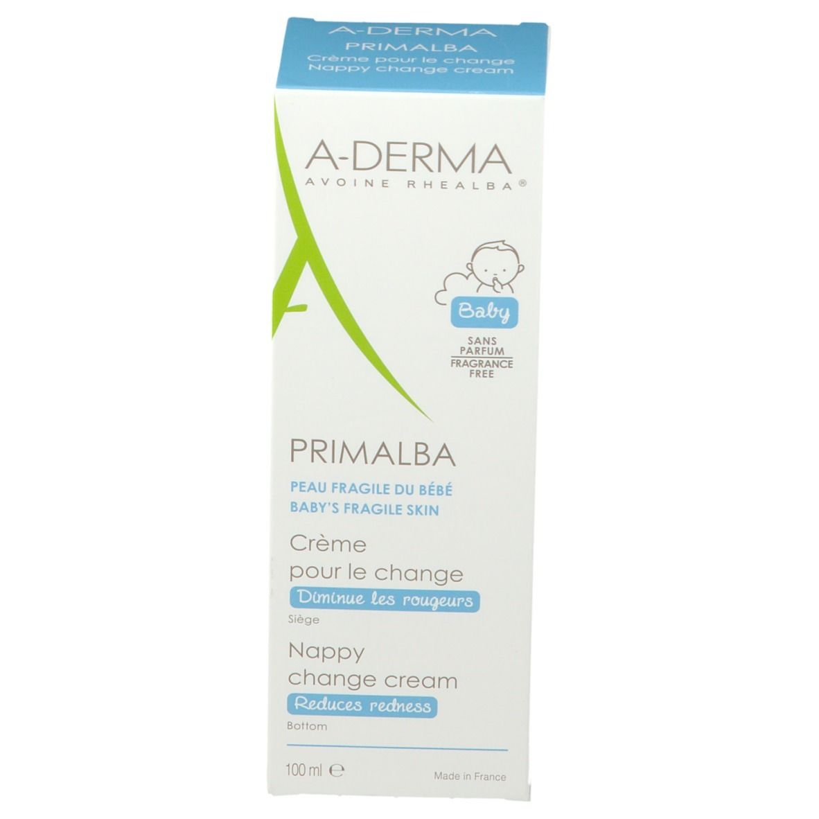 Emballage de la crème A-Derma Primalba Baby. Blanc avec des accents verts et bleus. Contient du texte : Baby, crème pour le change, réduit les rougeurs.