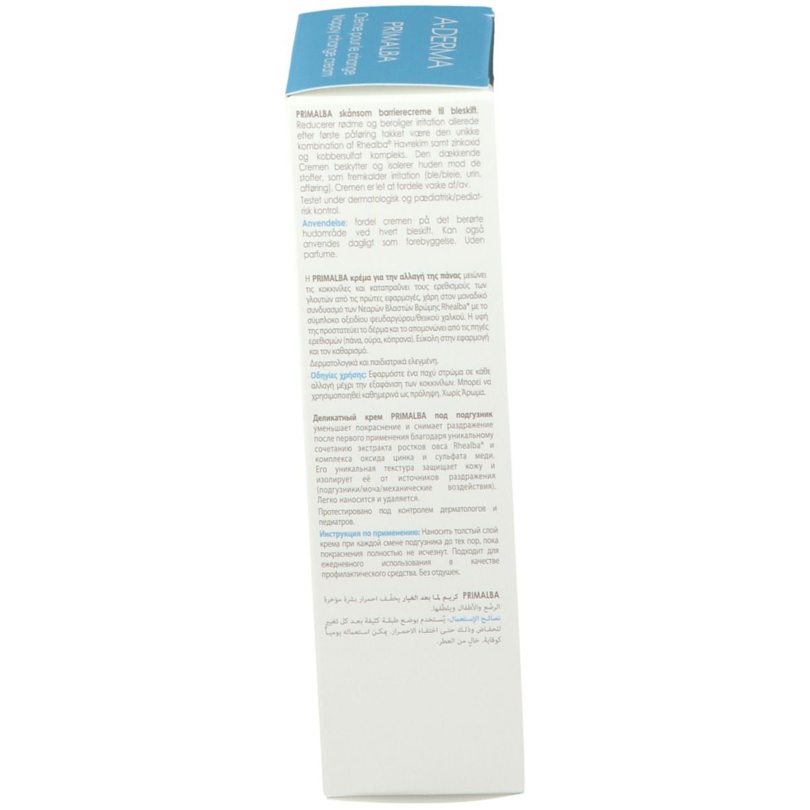 Côté de l'emballage de la crème A-Derma Primalba Baby. Blanc avec du texte en plusieurs langues. Contient du texte : crème pour le change, réduit les rougeurs.