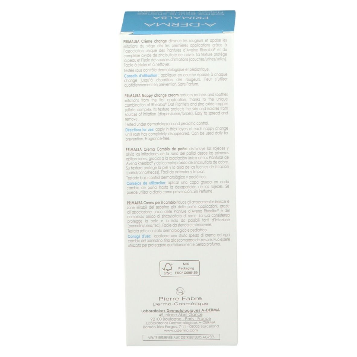 Côté de l'emballage de la crème A-Derma Primalba Baby. Blanc avec du texte en plusieurs langues. Contient du texte : crème pour le change, sans parfum.