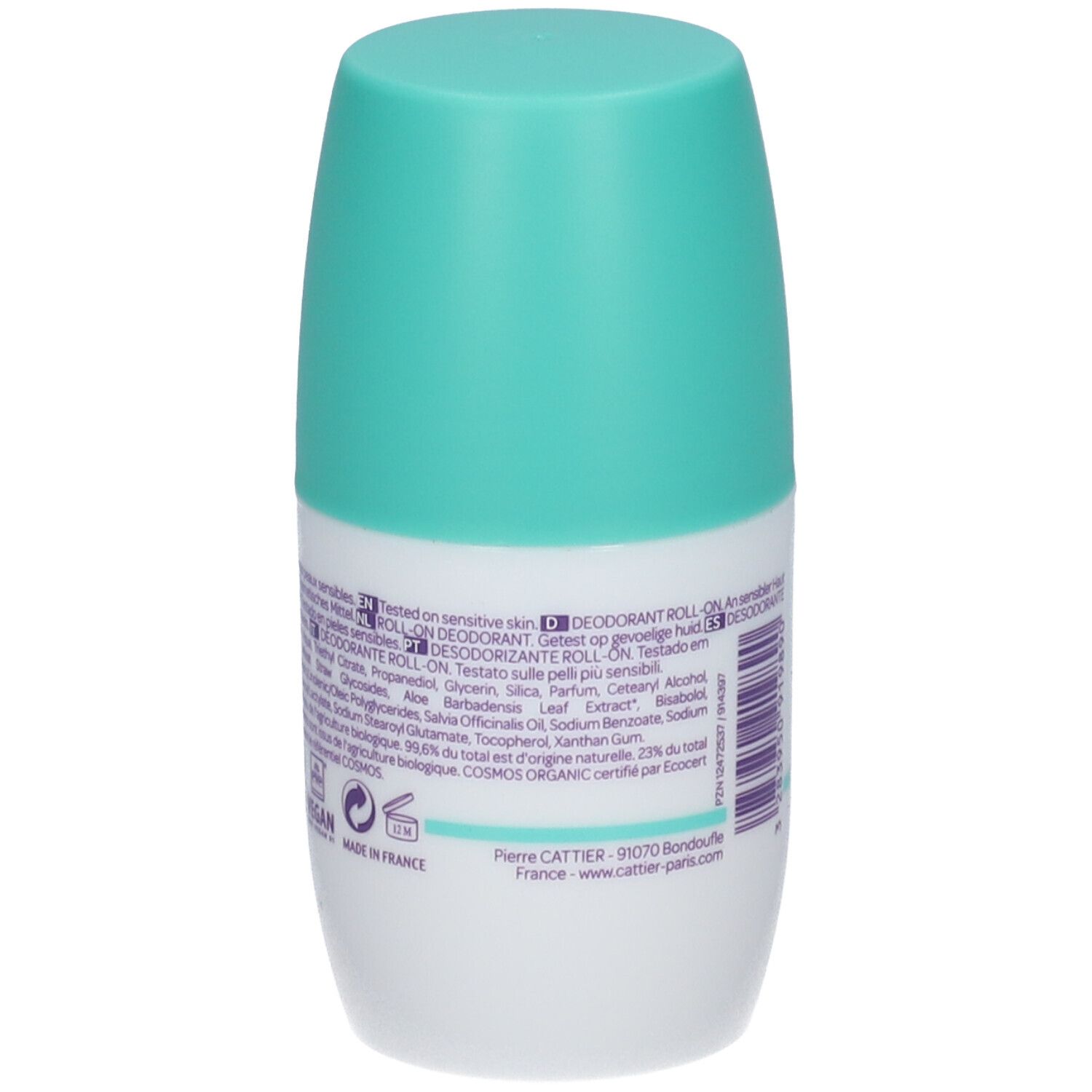 Dos du déodorant roll-on. Flacon blanc et turquoise. Texte: Ingrédients, certifications, adresse fabricant, logo Vegan.