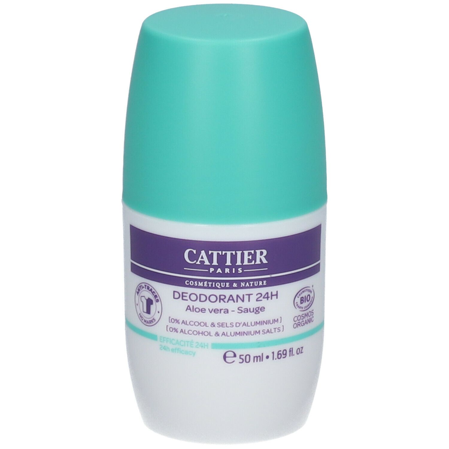 Déodorant roll-on CATTIER. Flacon blanc et turquoise, étiquette violette. Texte: Déodorant 24H, Aloe vera - Sauge, 50 ml.