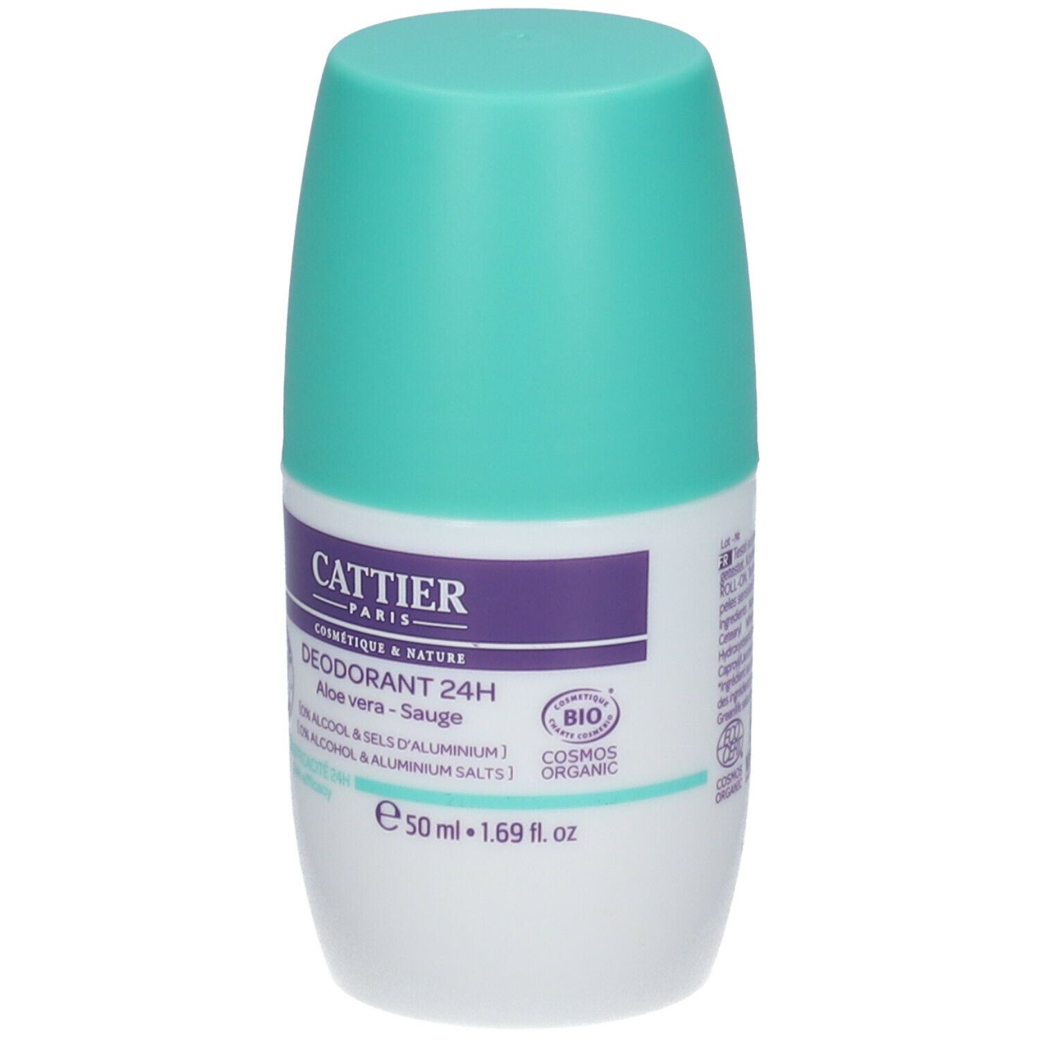 Déodorant roll-on CATTIER. Flacon blanc et turquoise, étiquette violette. Texte: Déodorant 24H, Aloe vera - Sauge, 50 ml.
