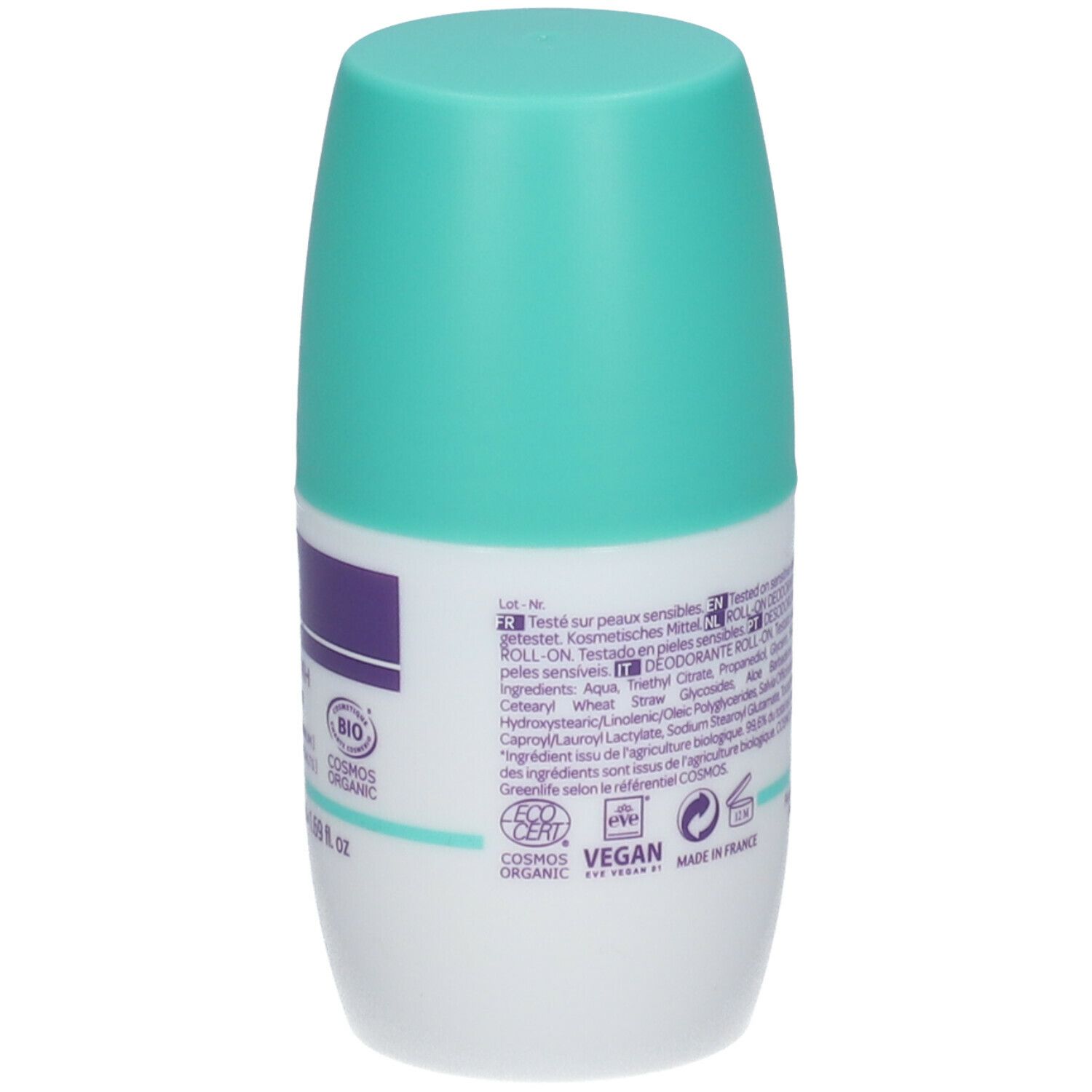 Dos du déodorant roll-on. Flacon blanc et turquoise. Texte: Ingrédients, certifications, adresse fabricant, logo Vegan.