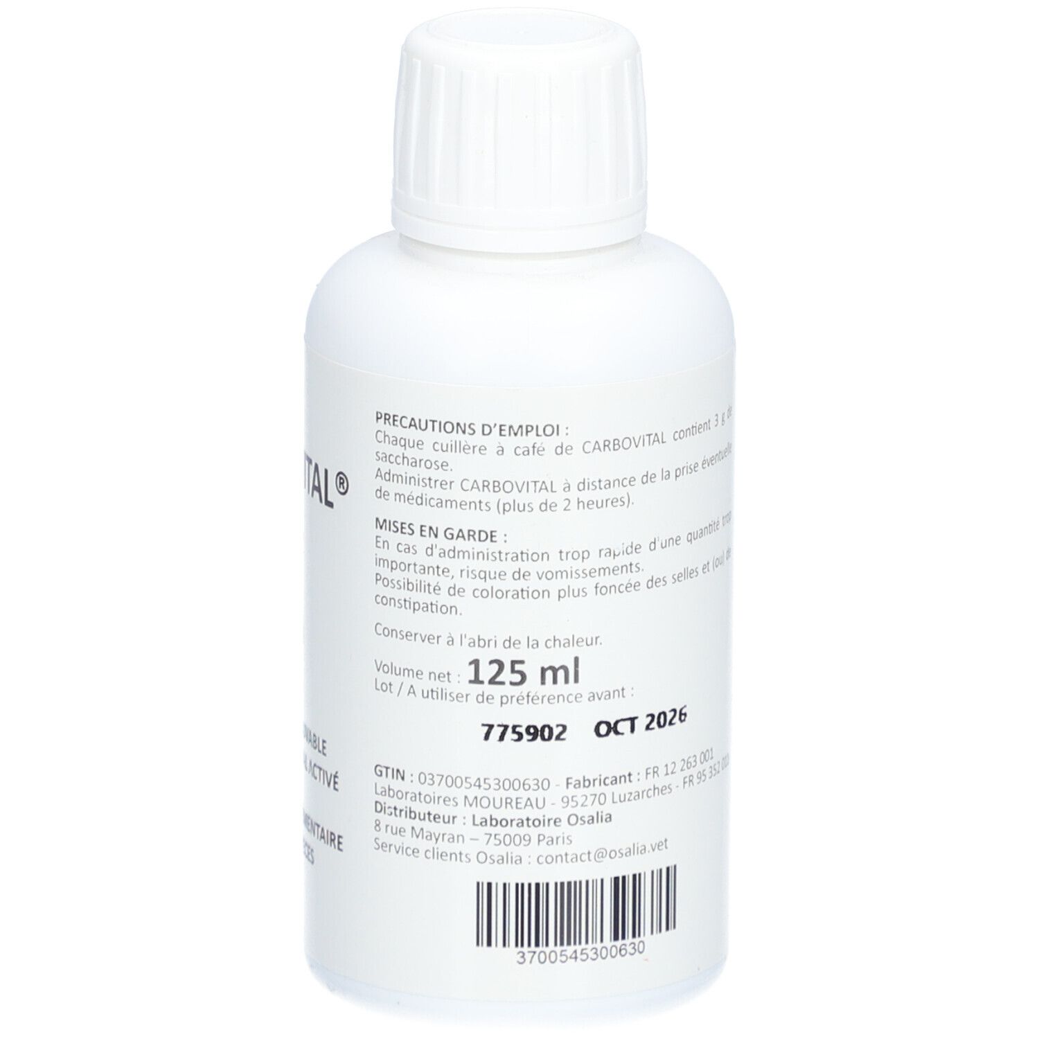Flacon blanc avec texte. Contient des informations sur l'utilisation, les précautions et le volume. Volume: 125 ml.