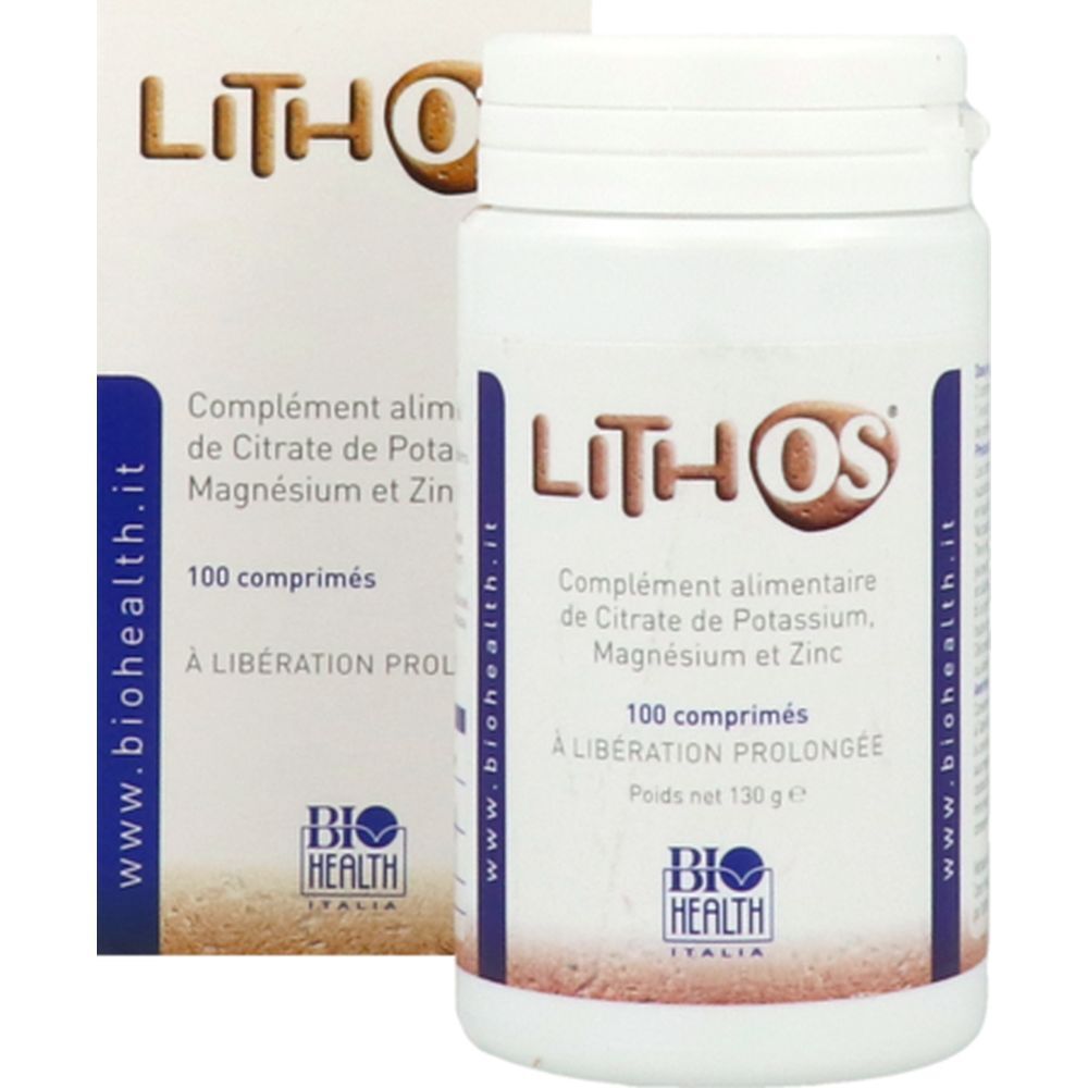 Flacon et boîte de comprimés Lithos OS. Complément alimentaire à base de citrate de potassium, magnésium et zinc. 100 comprimés. Biohealth Italia.