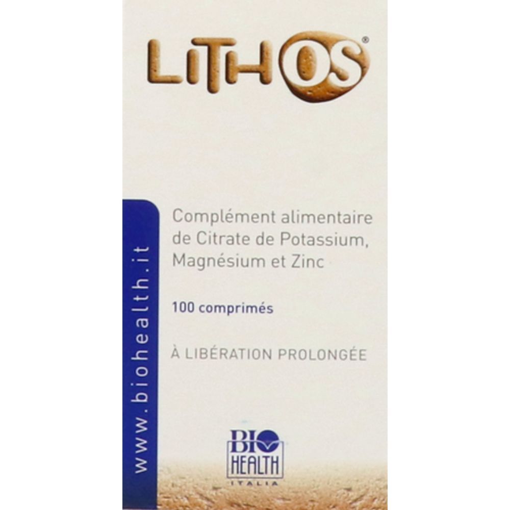 Boîte Lithos OS. Complément alimentaire à base de citrate de potassium, magnésium et zinc. 100 comprimés. À libération prolongée. Biohealth Italia.