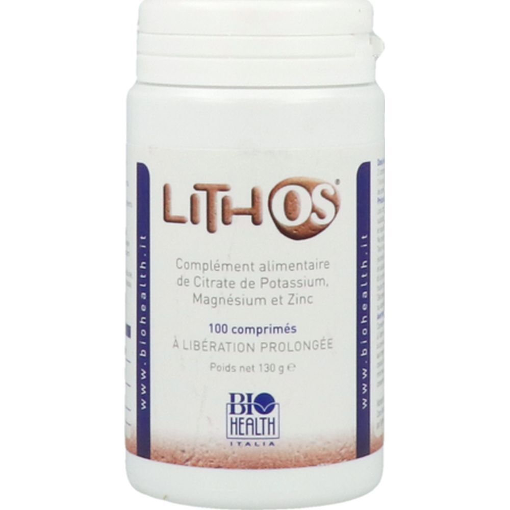 Flacon de comprimés Lithos OS. Complément alimentaire à base de citrate de potassium, magnésium et zinc. 100 comprimés. Biohealth Italia.