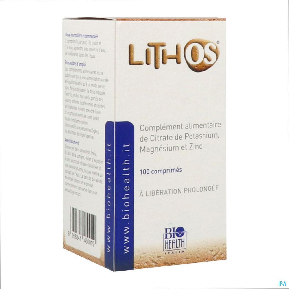 Boîte Lithos OS. Complément alimentaire à base de citrate de potassium, magnésium et zinc. 100 comprimés. À libération prolongée. Biohealth Italia.