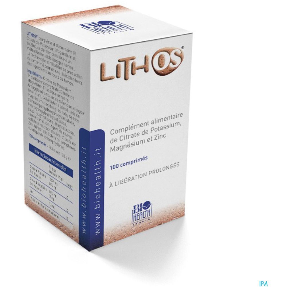Boîte Lithos OS. Complément alimentaire à base de citrate de potassium, magnésium et zinc. 100 comprimés. À libération prolongée. Biohealth Italia.
