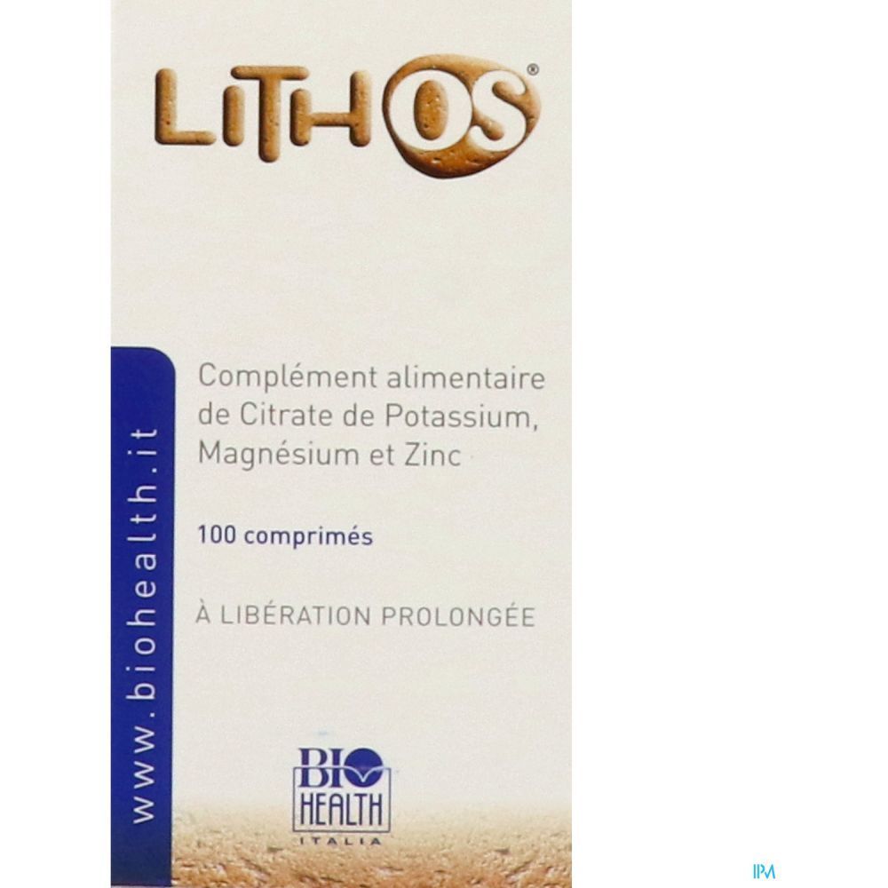Étiquette Lithos OS. Complément alimentaire à base de citrate de potassium, magnésium et zinc. 100 comprimés. À libération prolongée. Biohealth Italia.