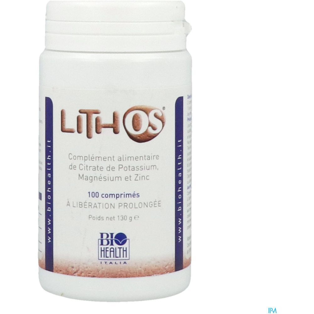 Flacon de comprimés Lithos OS. Complément alimentaire à base de citrate de potassium, magnésium et zinc. 100 comprimés. À libération prolongée. Biohealth Italia.