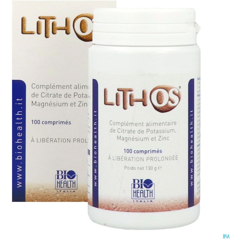 Flacon et boîte de comprimés Lithos OS. Complément alimentaire à base de citrate de potassium, magnésium et zinc. 100 comprimés. Biohealth Italia.
