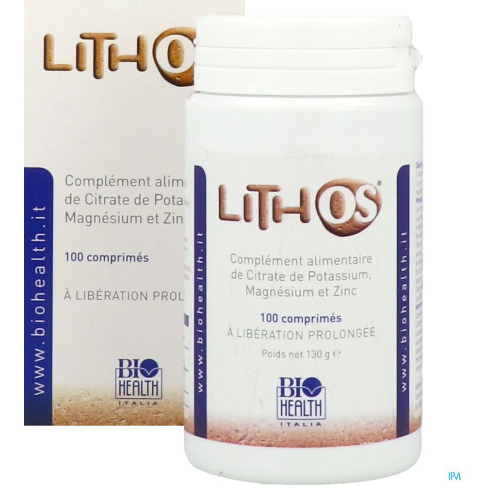 Flacon et boîte de comprimés Lithos OS. Complément alimentaire à base de citrate de potassium, magnésium et zinc. 100 comprimés. Biohealth Italia.