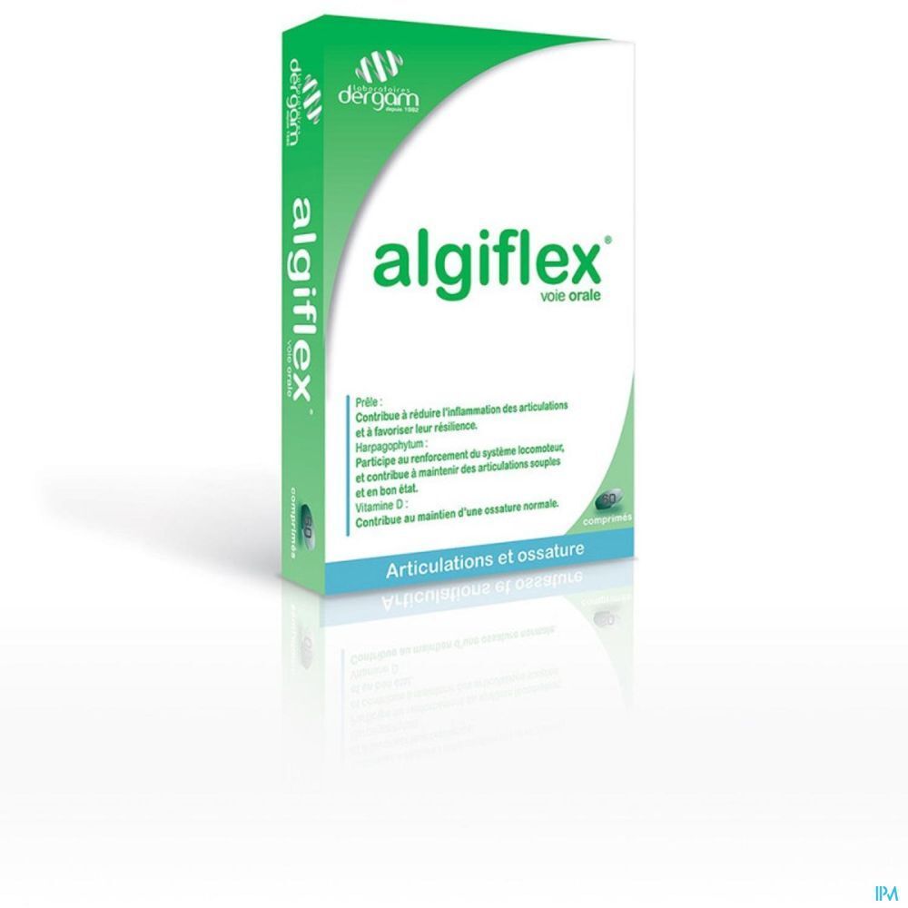 Boîte Algiflex, blanc et vert. Nom du produit et texte. Articulations et ossature.