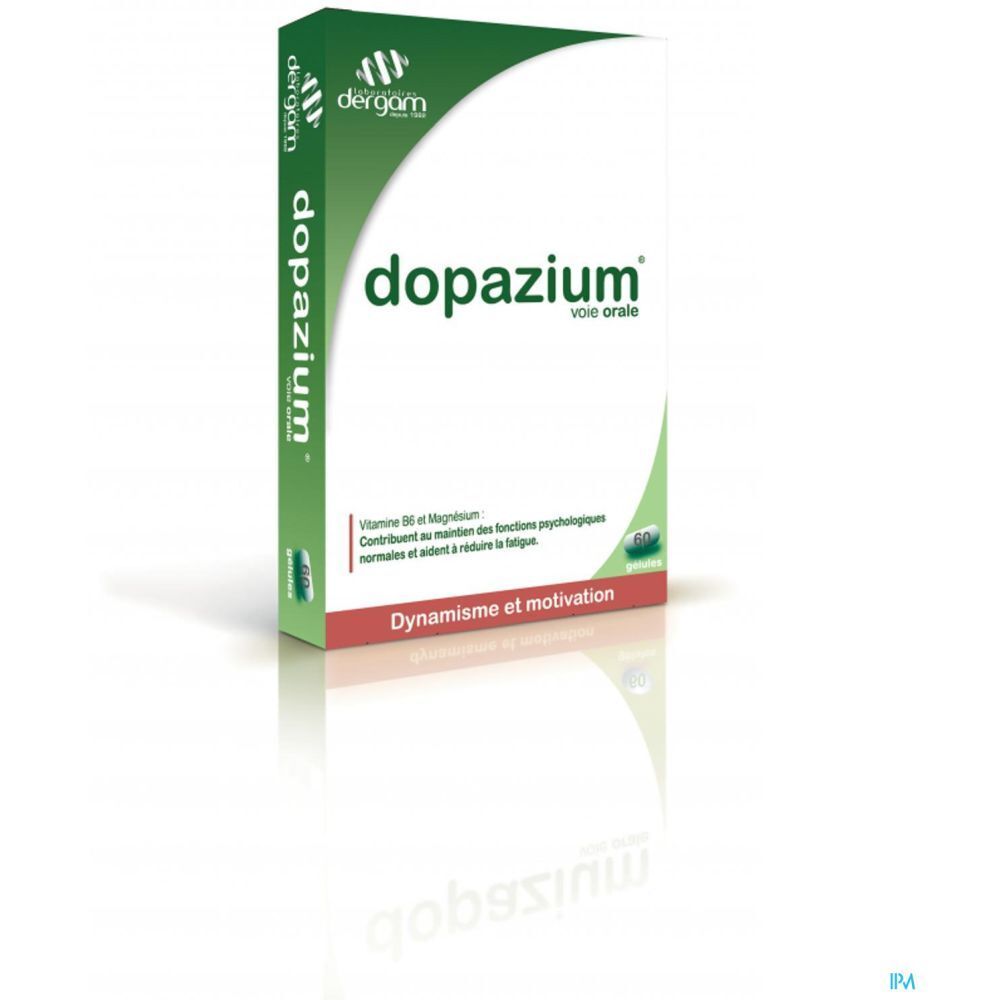 Dopazium-Verpackung, grün-weiß. Schriftzug: Dopazium, voie orale. Enthält Vitamin B6 und Magnesium. Dynamik und Motivation.