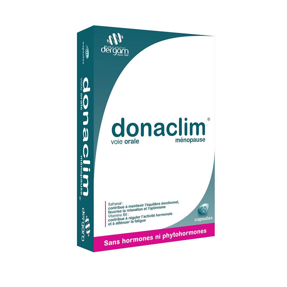 Boîte de compléments alimentaires Donaclim. Inscription "voie orale, ménopause". Contient 60 capsules. Sans hormones ni phytohormones.