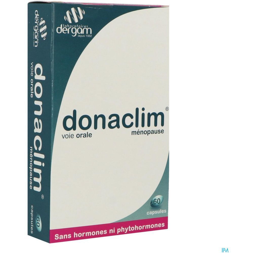 Boîte de Donaclim, complément alimentaire. Inscription "voie orale, ménopause". Contient 60 capsules. Sans hormones ni phytohormones.