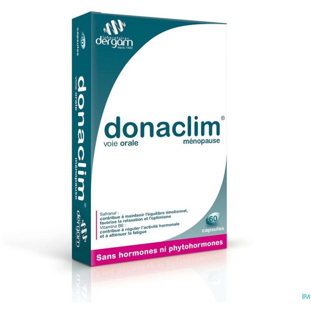 Boîte de Donaclim, complément alimentaire. Inscription "voie orale, ménopause". Contient 60 capsules. Sans hormones ni phytohormones.