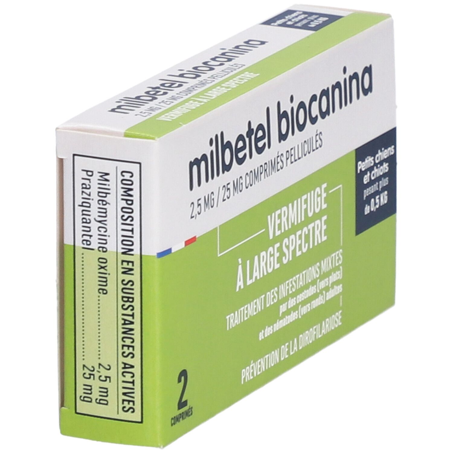 Boîte de comprimés 'milbetel biocanina'. Design vert et blanc, texte en français. Ingrédients listés.