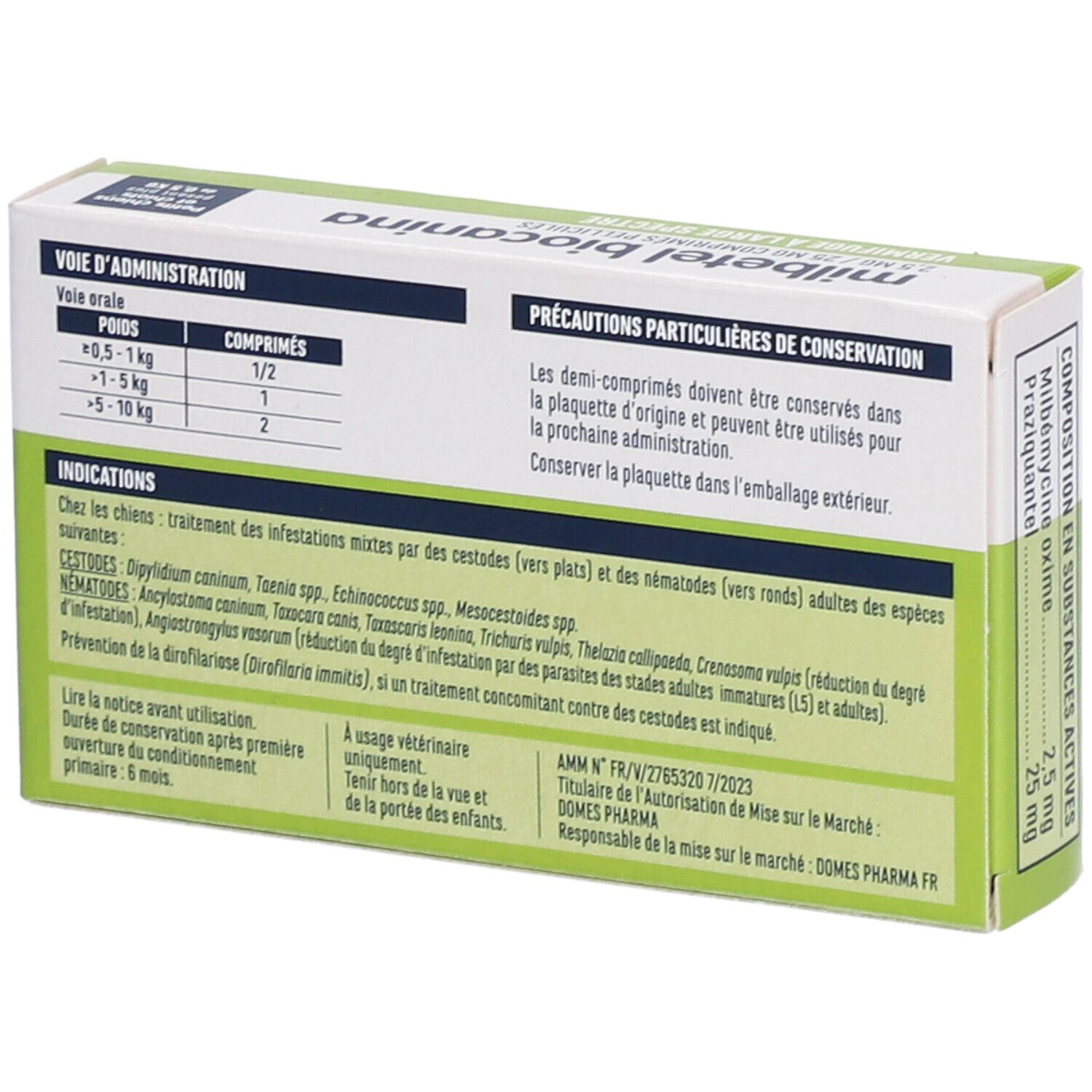 Dos de la boîte de comprimés 'milbetel biocanina'. Texte en français. Dosage, précautions, ingrédients.