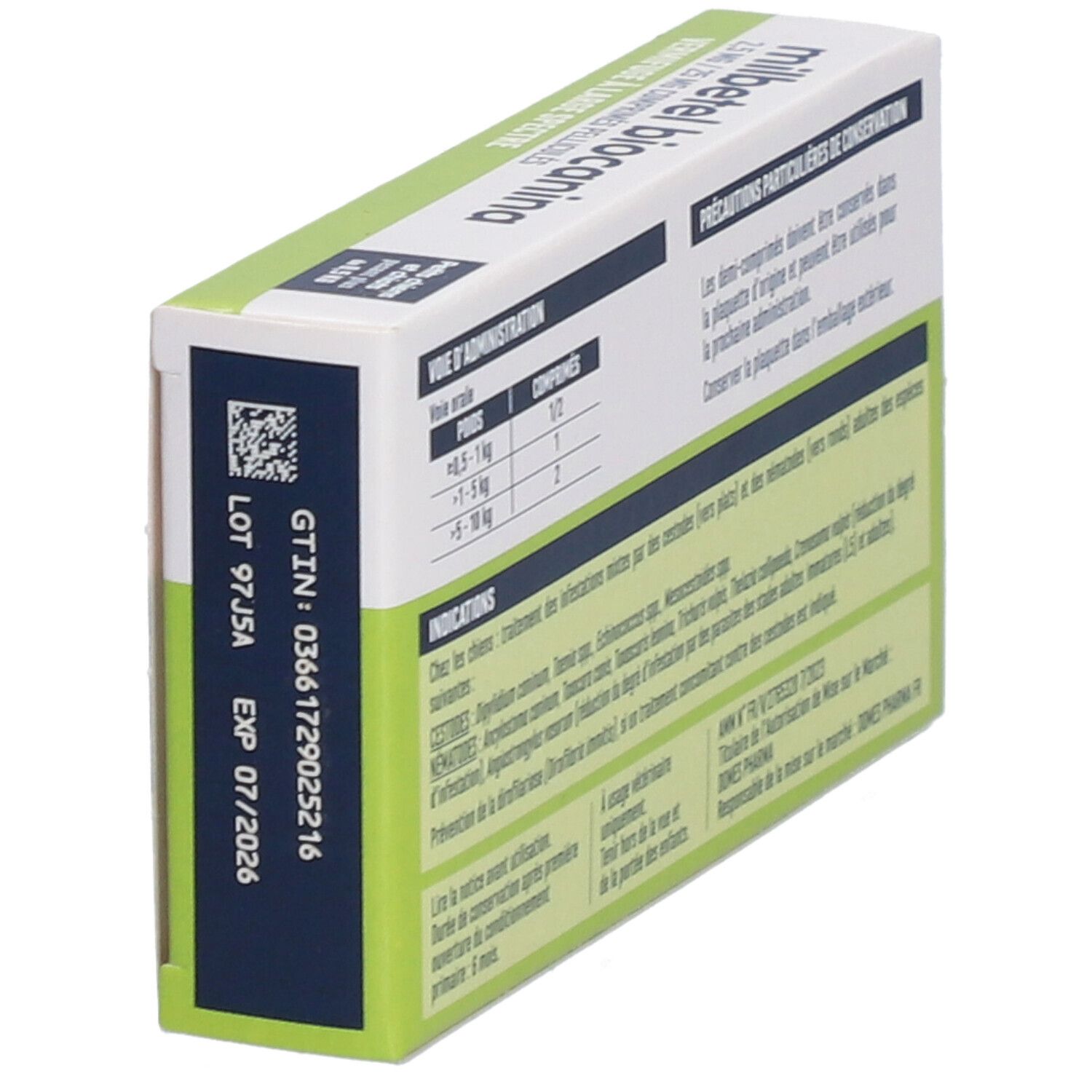 Dos de la boîte de comprimés 'milbetel biocanina'. Texte en français. Numéro de lot, date d'expiration.