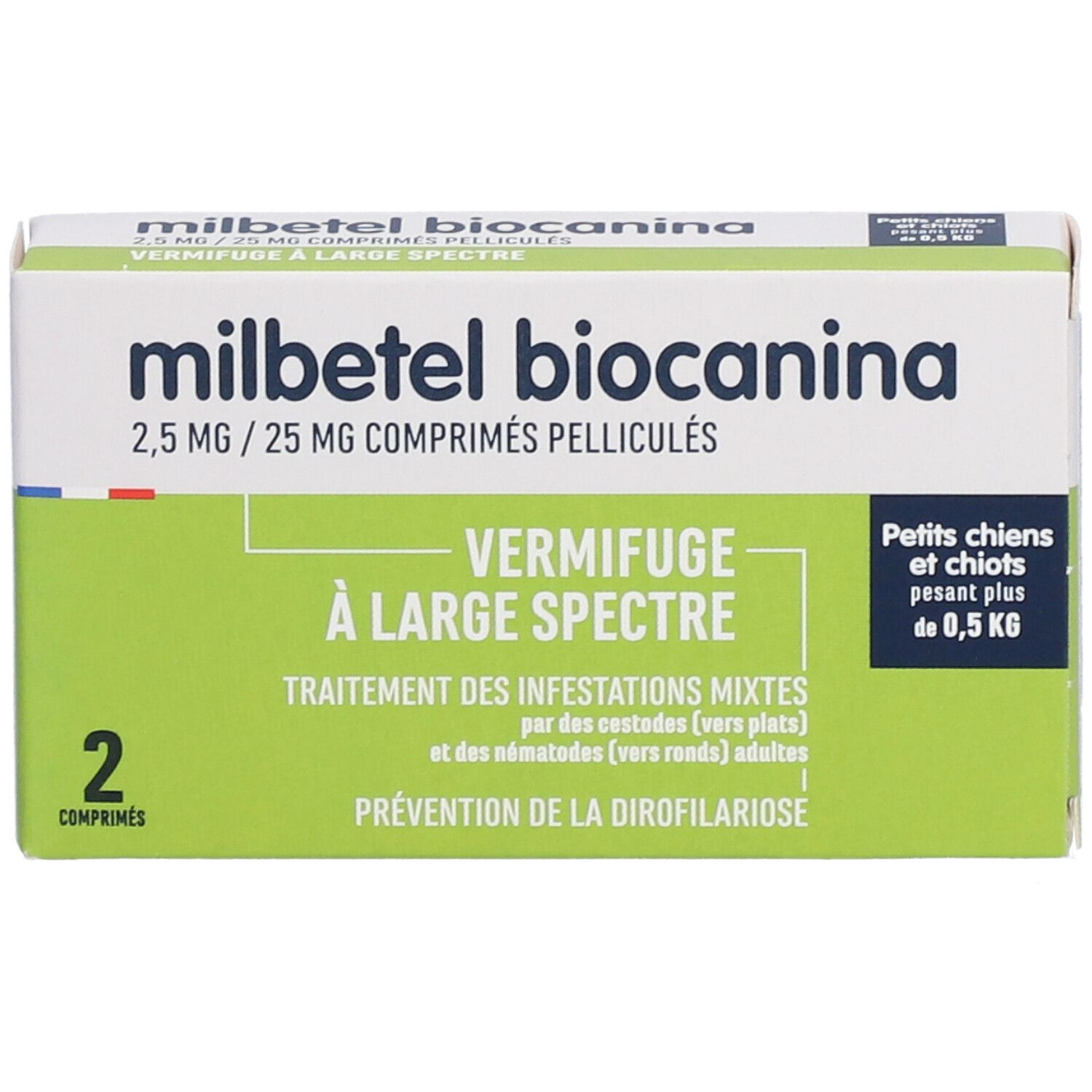 Boîte de comprimés 'milbetel biocanina'. Design vert et blanc, texte en français. Contient 2 comprimés.