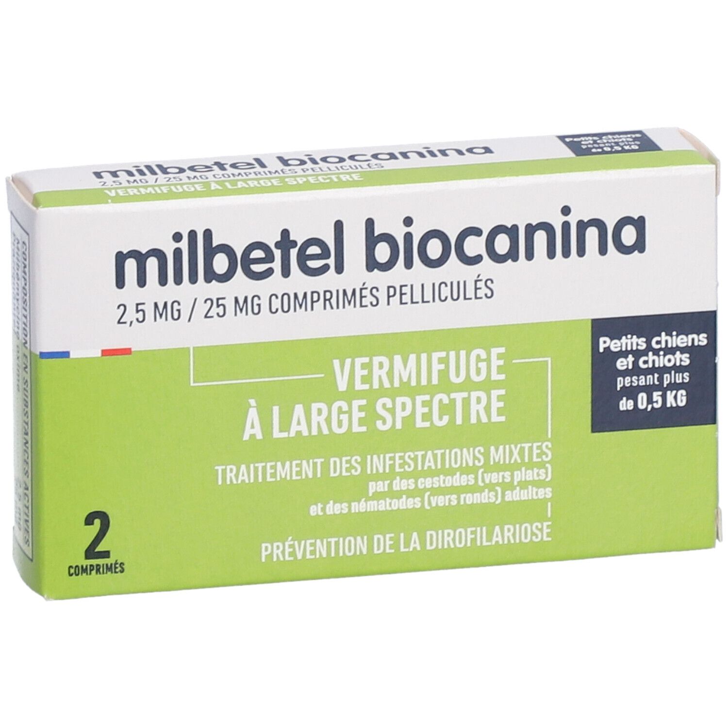 Boîte de comprimés 'milbetel biocanina'. Design vert et blanc, texte en français. Contient 2 comprimés.
