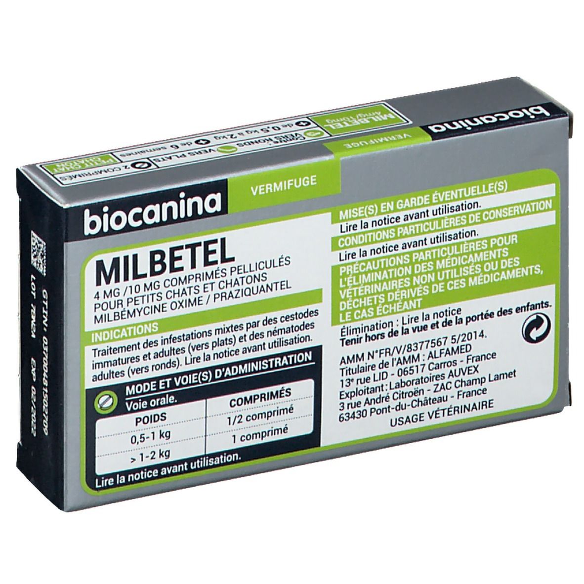 Boîte Milbetel, texte sur le dessus et le côté. Contient des informations sur le dosage et les ingrédients.