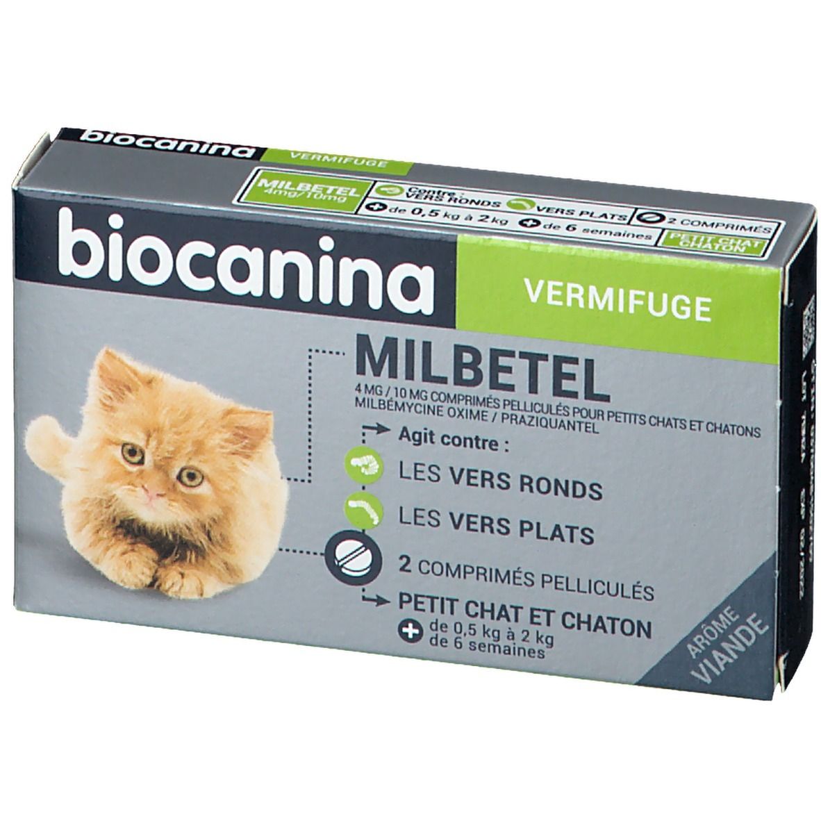 Boîte Milbetel, vue de face. Inscription: Vermifuge, Milbetel pour chats. Illustration d'un chaton.
