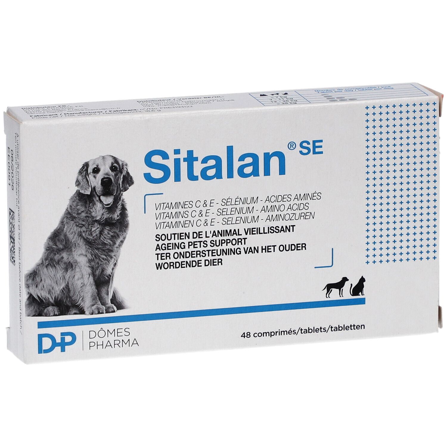 Witte doos SITALAN SE TVM. Hond-afbeelding. Bevat 48 tabletten. Opschrift: Vitamines C & E, Selenium, Aminozuren.