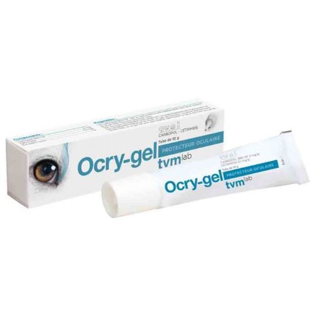 Ocry-gel gel pour les yeux pour animaux. Tube et emballage. Blanc, bleu. Inscription : Ocry-gel tvm lab. Avec illustration d'œil.