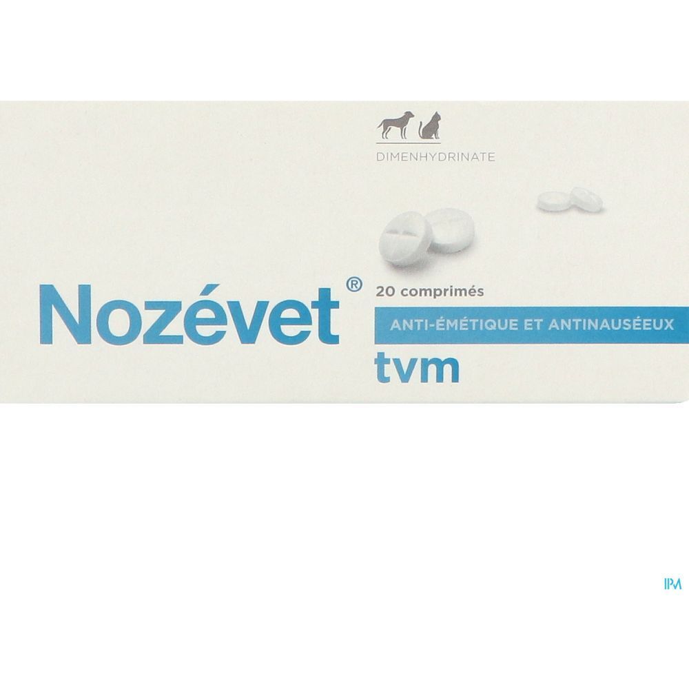 Boîte blanche Nozévet, 20 comprimés, antiémétique. Comprimés visibles. Logo chien/chat. Texte bleu.