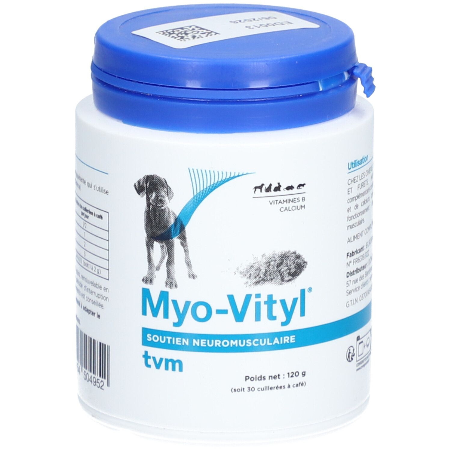 Pot blanc avec couvercle bleu. Inscription: Myo-Vityl, soutien neuromusculaire, tvm. Image d'un chien.