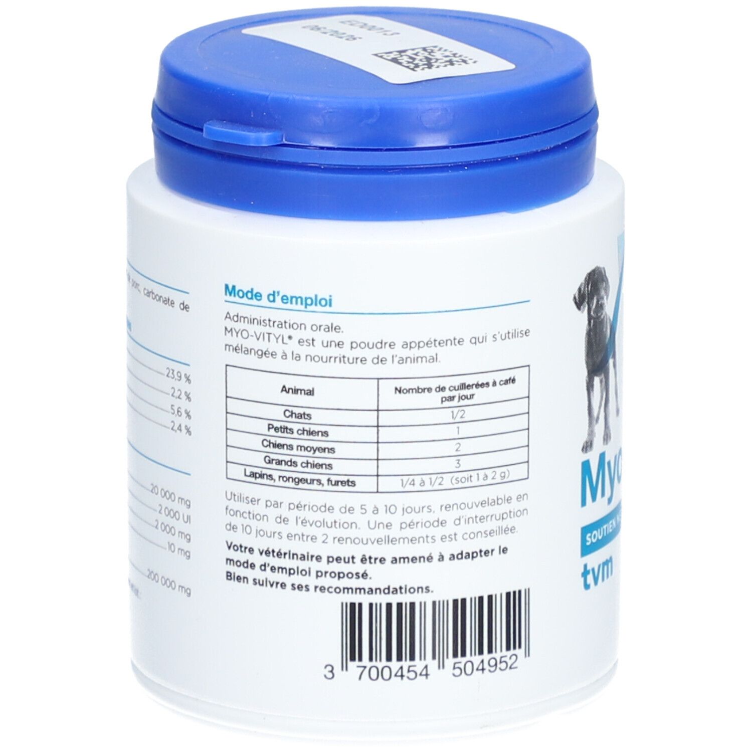 Dos du pot. Texte: Mode d'emploi. Tableau avec instructions de dosage pour chats, chiens et lapins.