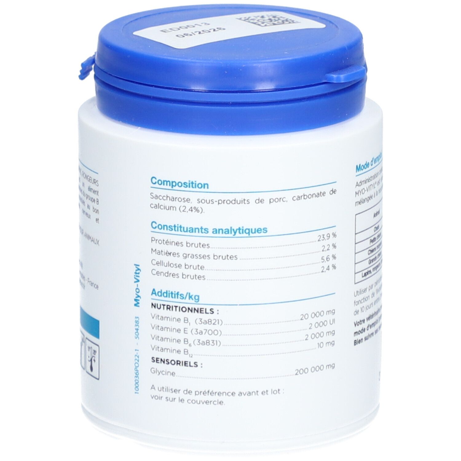 Dos du pot. Texte: Composition, constituants analytiques, additifs. Informations en pourcentages et mg/kg.