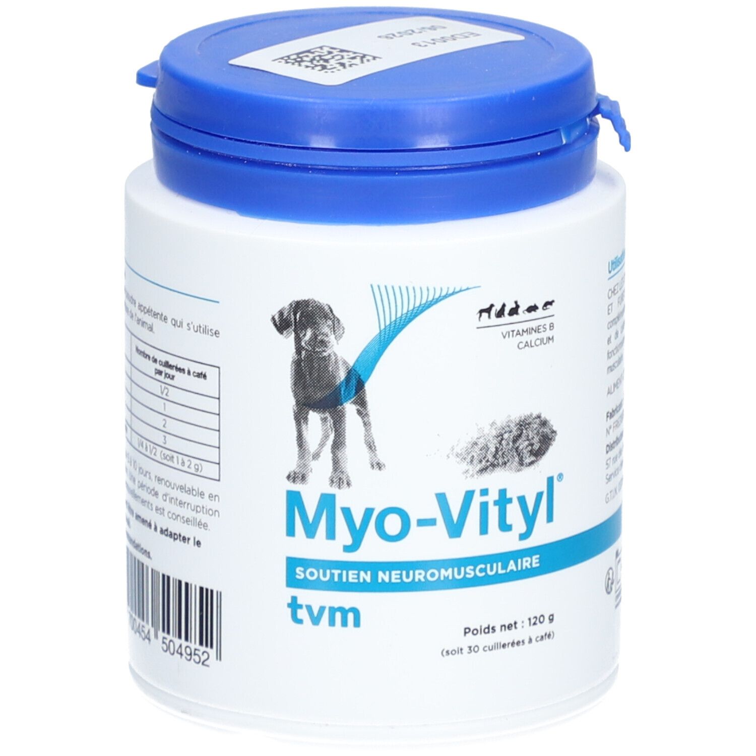 Pot blanc avec couvercle bleu. Inscription: Myo-Vityl, soutien neuromusculaire, tvm. Image d'un chien.