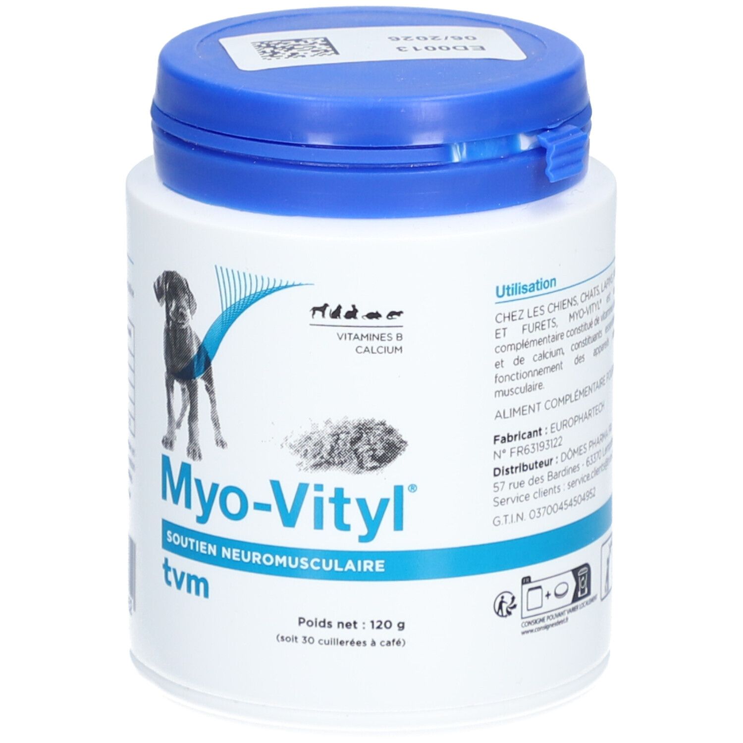 Pot blanc avec couvercle bleu. Inscription: Myo-Vityl, soutien neuromusculaire, tvm. Image d'un chien.
