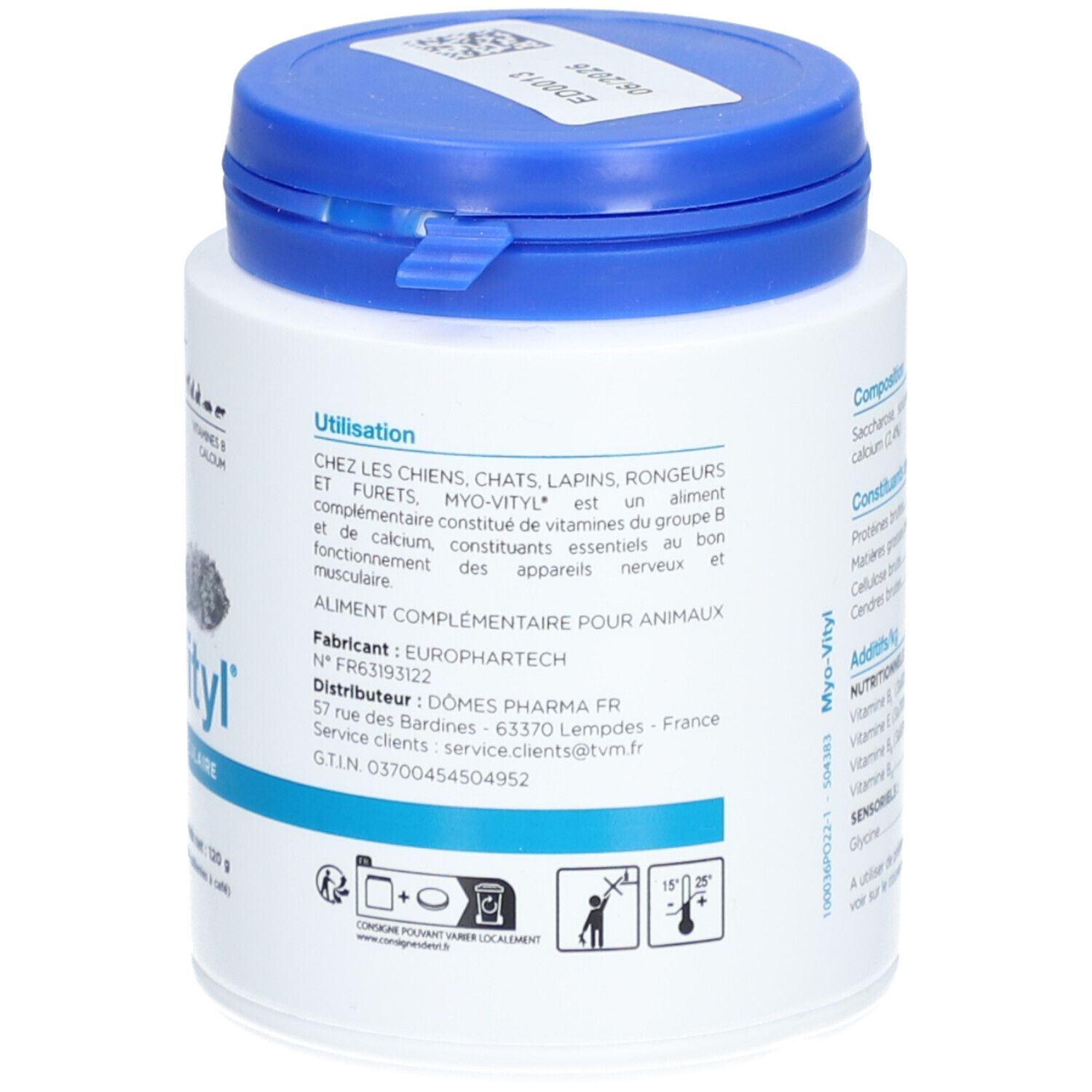 Dos du pot. Texte: Myo-Vityl est un aliment complémentaire pour animaux. Informations fabricant et distributeur.