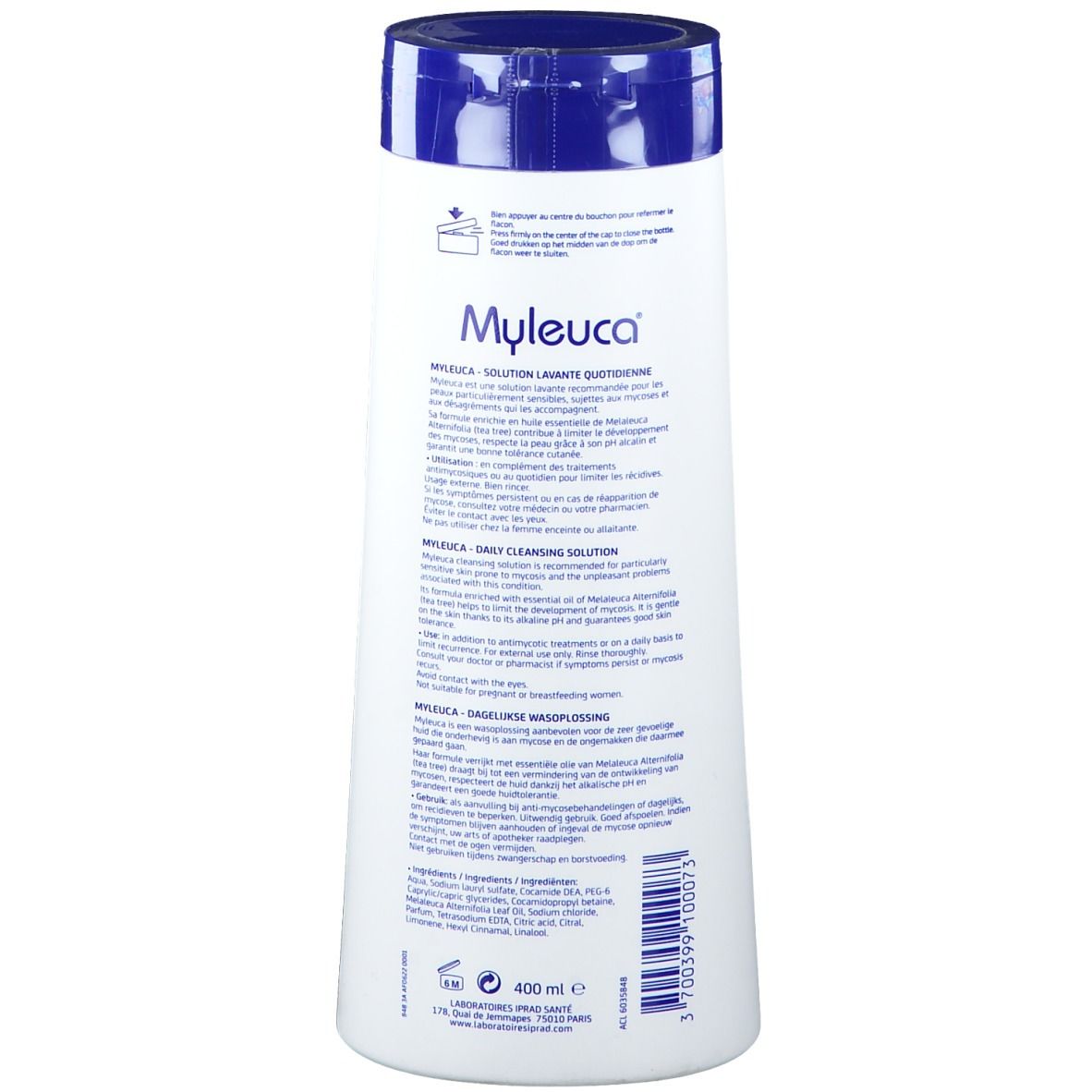 Rückseite einer weiß-blauen Flasche mit Produktnamen Myleuca. Text in mehreren Sprachen. Volumen: 400 ml.