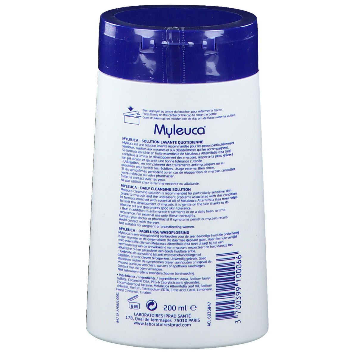 Dos du flacon blanc et bleu. Nom du produit Myleuca. Texte multilingue. Volume: 200 ml.